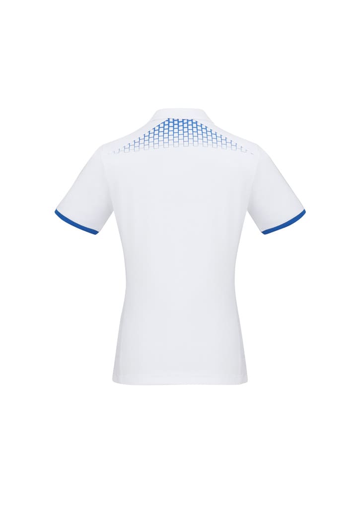 A white women's short sleeve polo shirt with a blue patterned design on the back and blue trim on the sleeves.