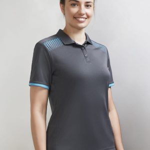 A women's short sleeve polo in grey with blue accents and a logo. Suitable for casual wear.