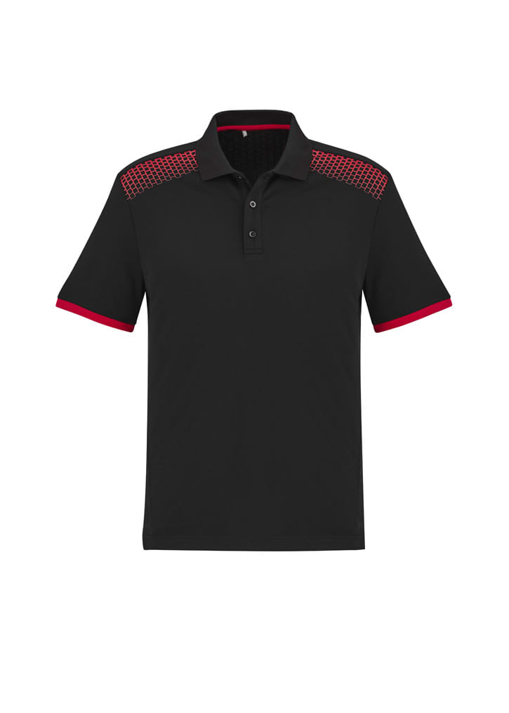 A black short sleeve polo shirt featuring red accents and a checkered pattern on the shoulders. It has a logo.