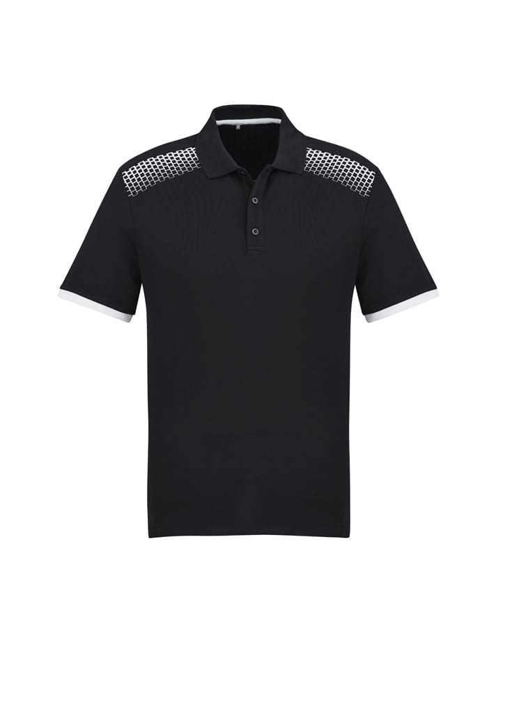 A black short sleeve polo shirt with a patterned design on the shoulders and white accents.