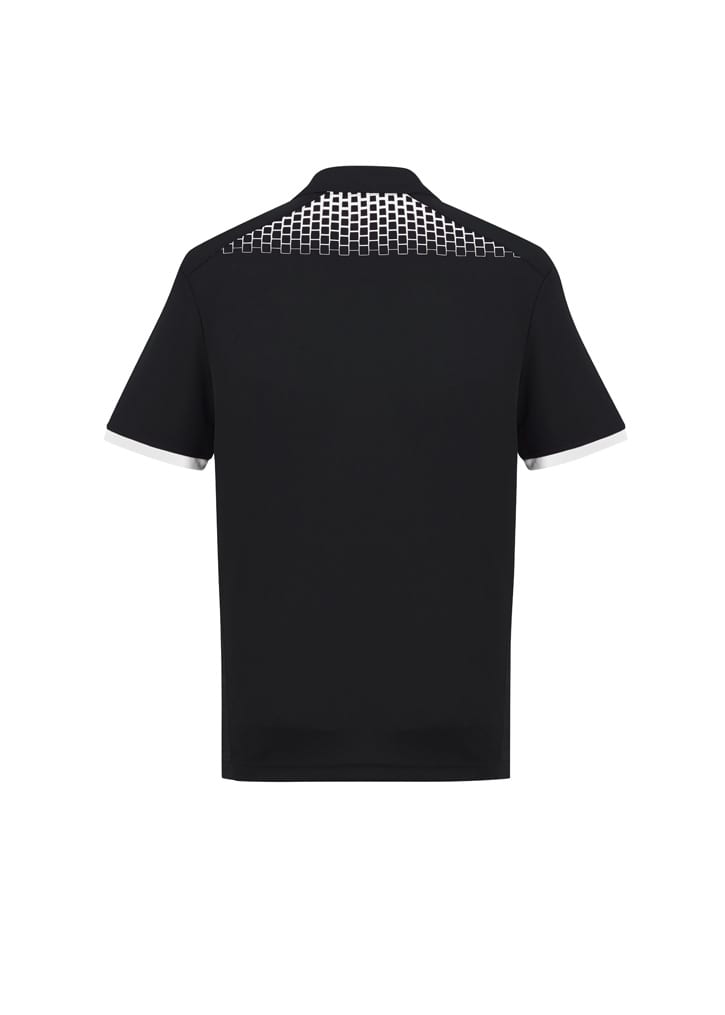 A black short sleeve polo shirt featuring a patterned back and contrasting white details. Includes a logo.