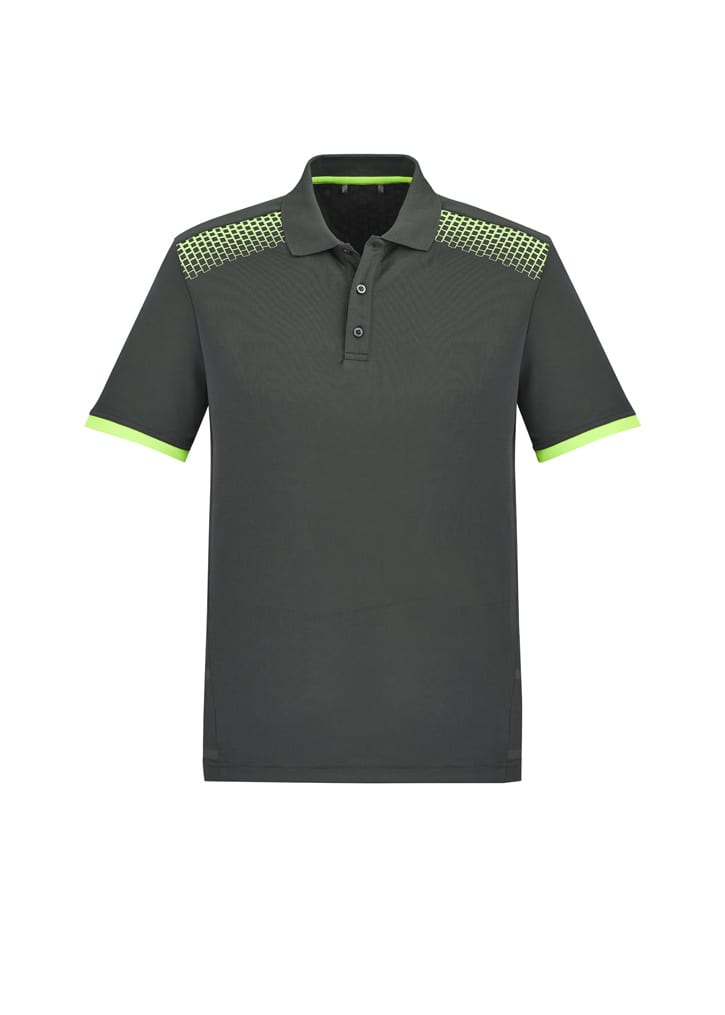 A men's short sleeve polo shirt in dark green with patterned shoulder details and lime green accents. It features a logo.
