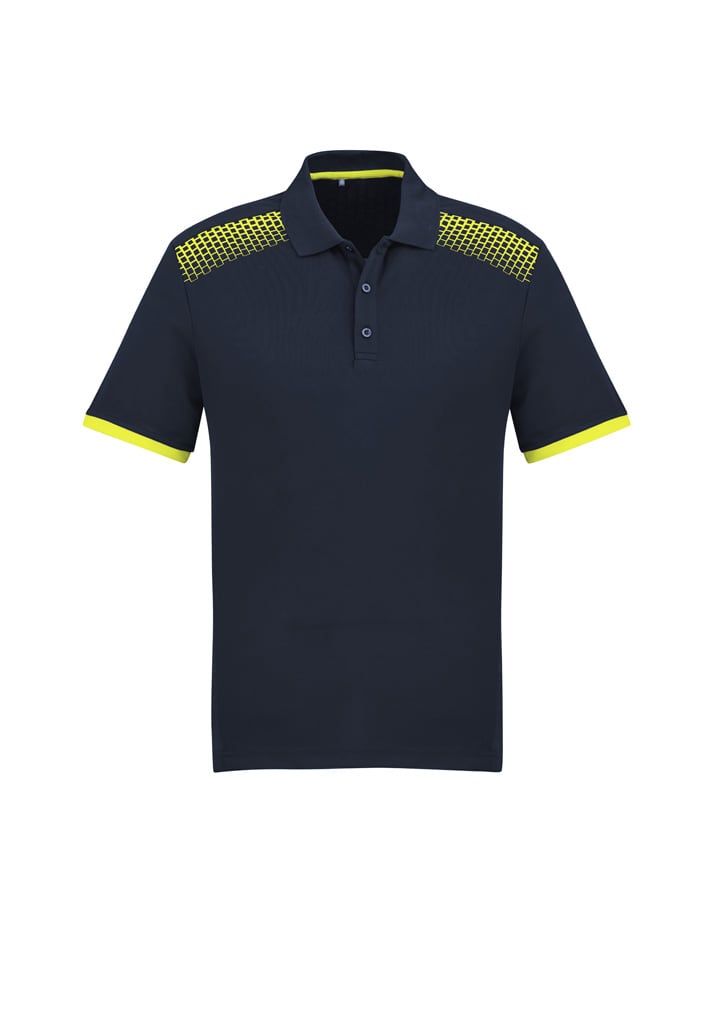 A navy men's short sleeve polo shirt featuring a patterned shoulder design and bright yellow accents.