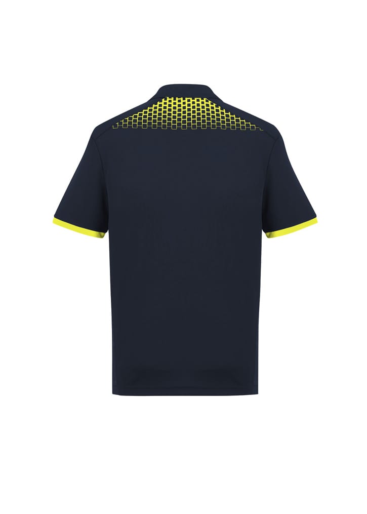 A navy short sleeve polo shirt featuring a grid pattern in bright yellow on the back. Includes a logo on the chest.