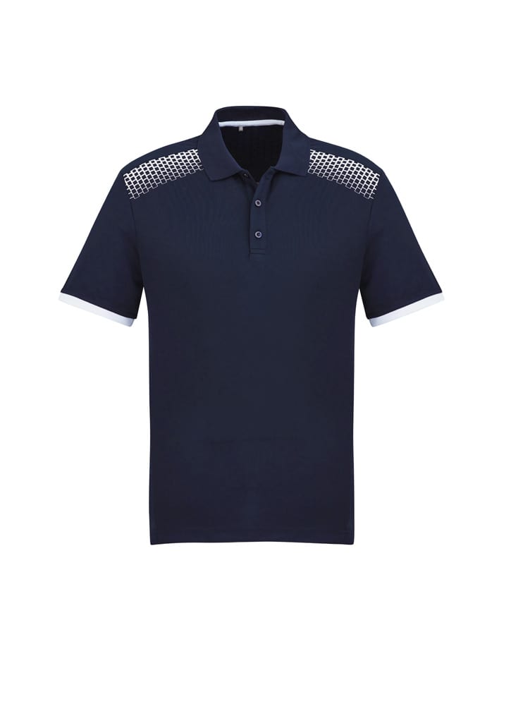 A navy short sleeve polo shirt featuring a patterned shoulder design and a logo on the chest.