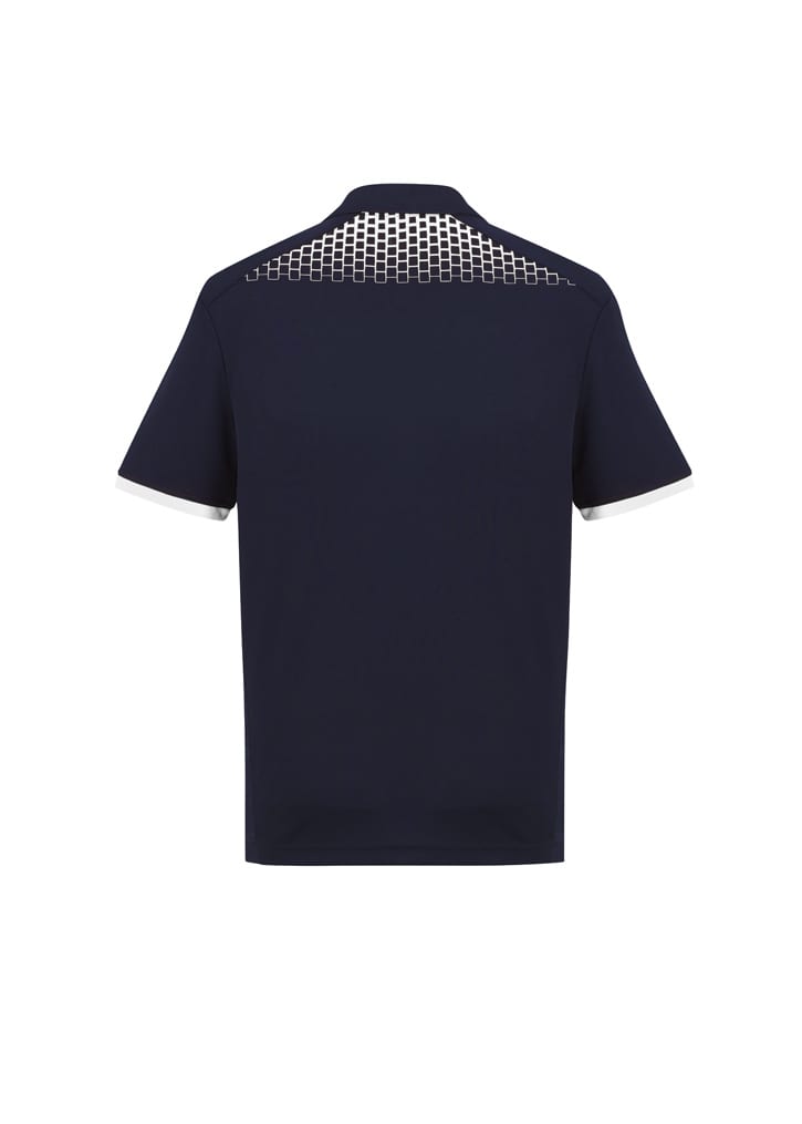 A navy short sleeve polo shirt featuring a patterned back and contrasting white collar. Includes a logo.