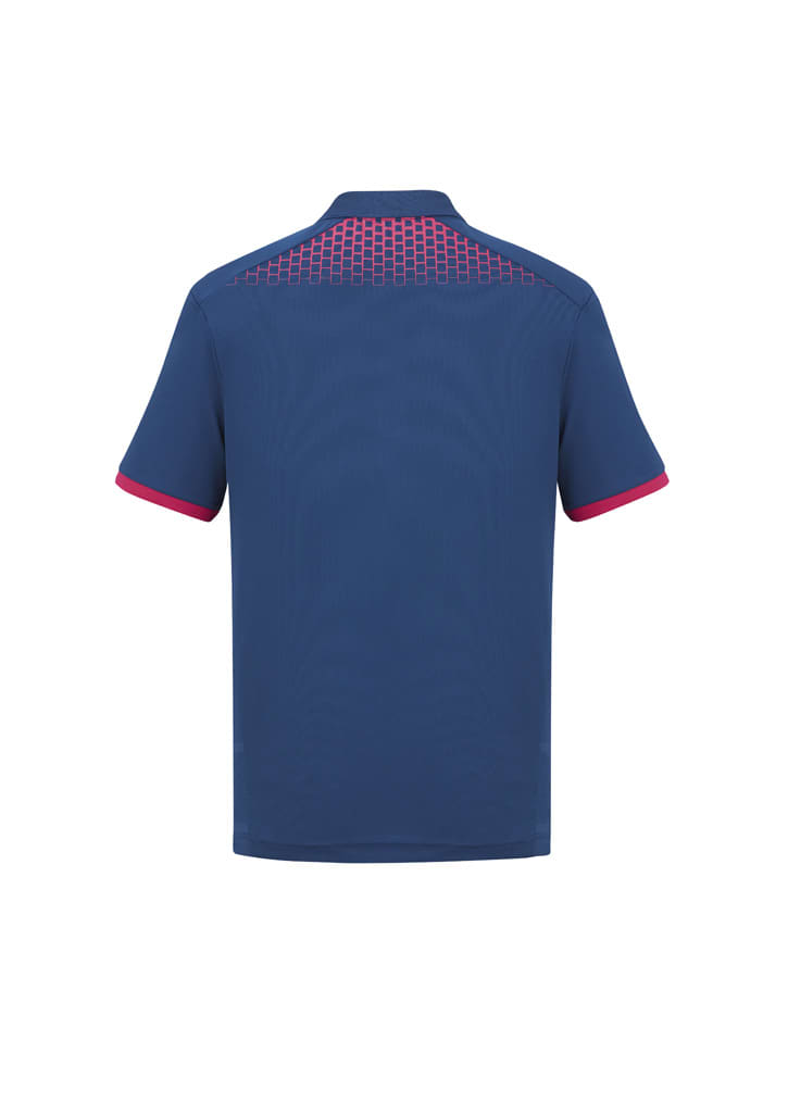A navy blue men's polo shirt featuring a patterned design on the back and contrasting pink details. It includes a logo.