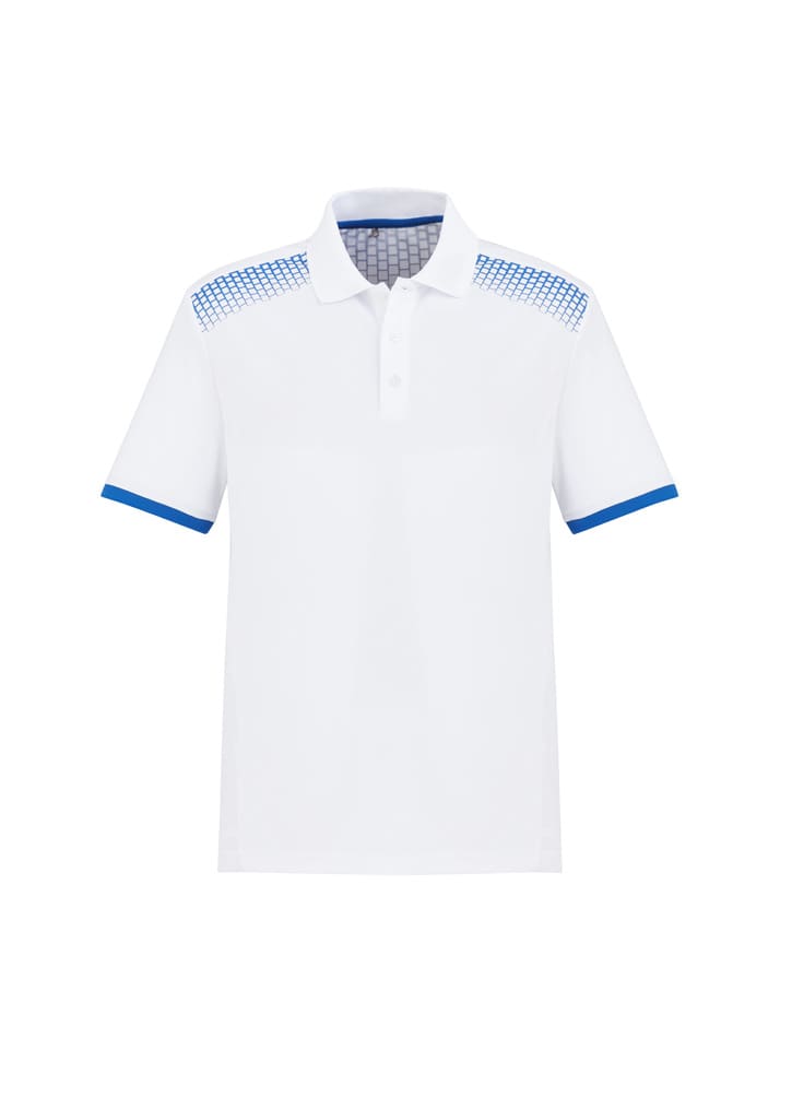 A white short sleeve polo shirt featuring blue accents on the shoulders and collar, with a logo displayed.