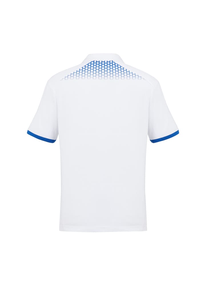 A white short sleeve polo shirt with blue accents and a patterned back design. It features a logo.