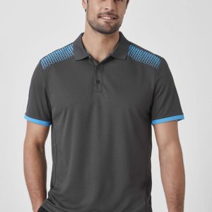 A grey short sleeve polo shirt featuring blue accents and a logo on the chest.