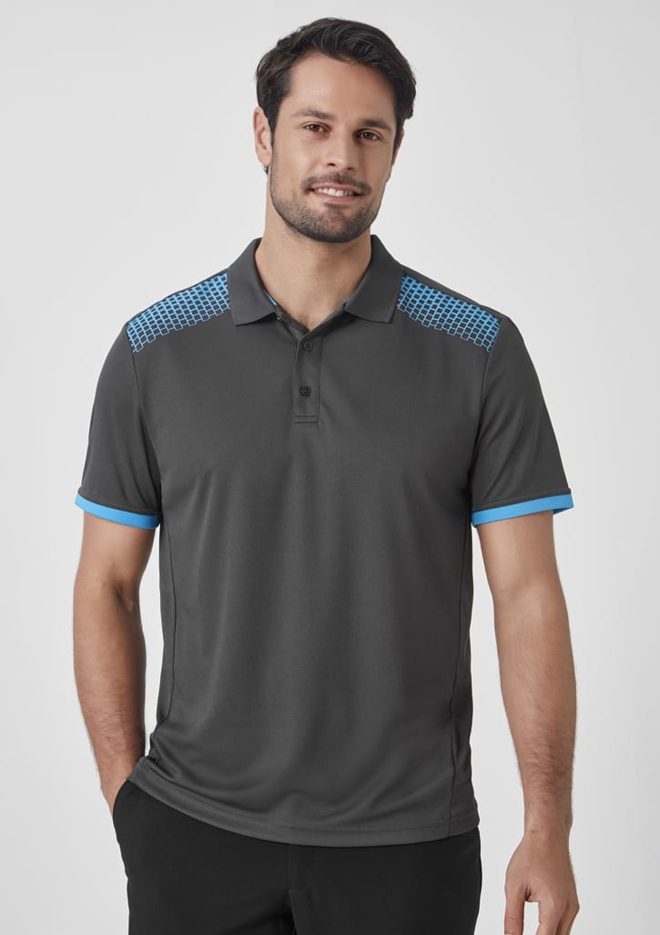 A grey short sleeve polo shirt featuring blue accents and a logo on the chest.