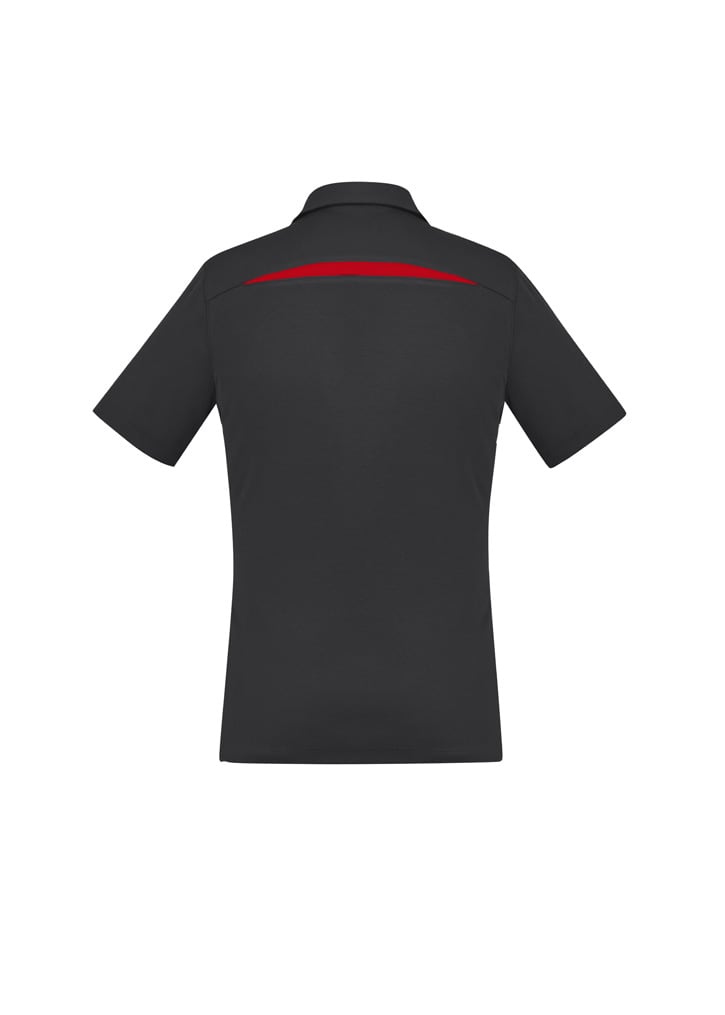A black women's polo shirt featuring short sleeves and a red accent on the back. Includes a logo.