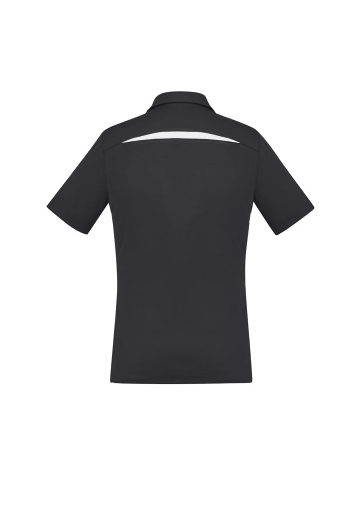 A black women's polo shirt featuring short sleeves and a subtle design element on the back. Includes a logo.