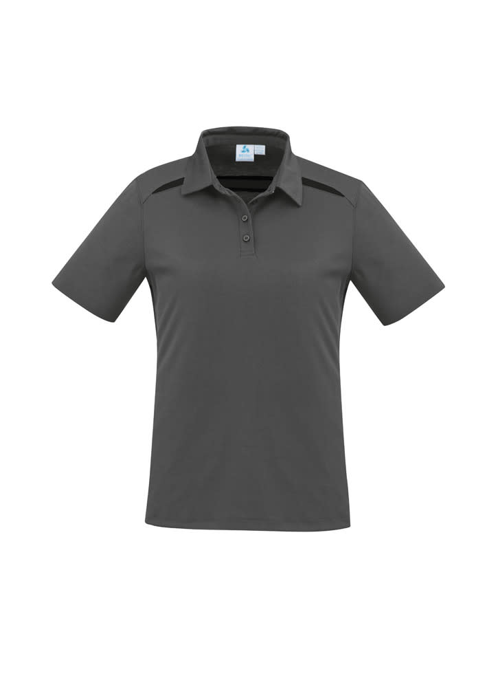 A women's short sleeve polo shirt in dark grey, featuring a collar and front buttons, with a logo on the chest.