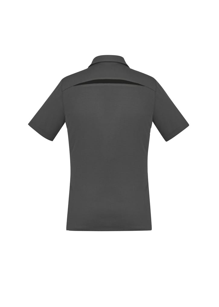 A women's short sleeve polo shirt in dark grey, featuring a back vent and a logo.