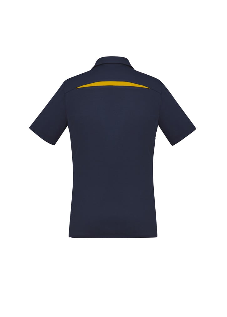 A navy blue women's short sleeve polo shirt with a subtle yellow accent on the back. It features a logo.