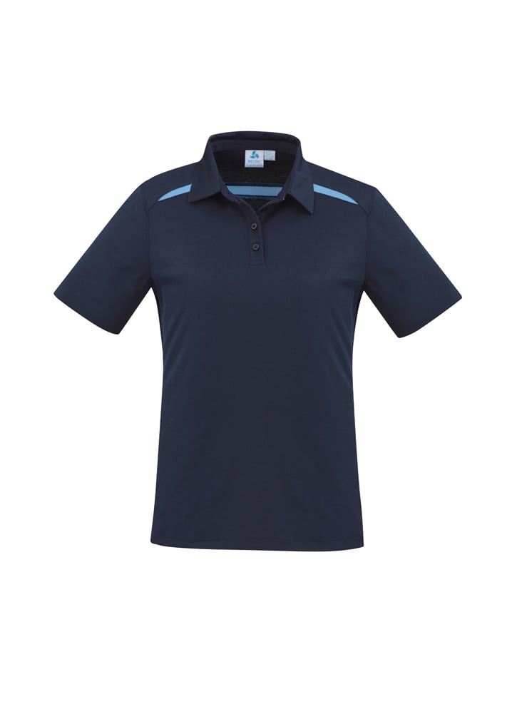 A women's short sleeve polo in navy blue with light blue accents and a logo on the chest.