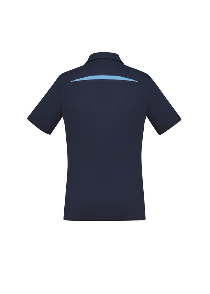 A navy blue women's short sleeve polo shirt featuring a contrasting light blue stripe on the back and a logo.