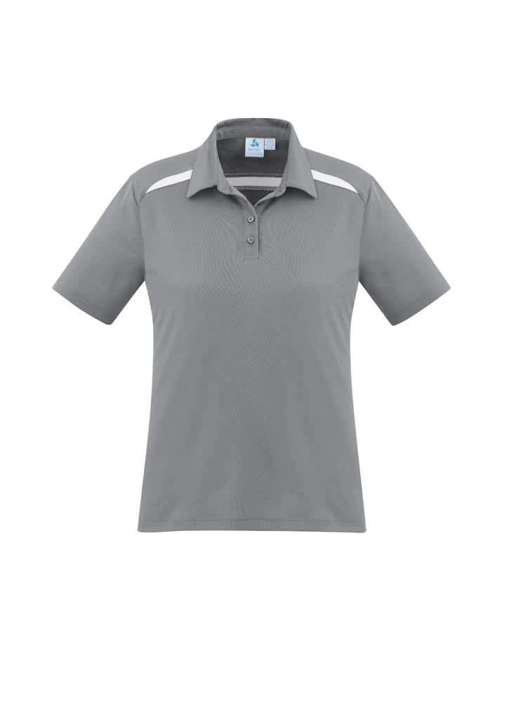 A women's short sleeve polo shirt in grey, featuring a light accent and a logo on the chest.