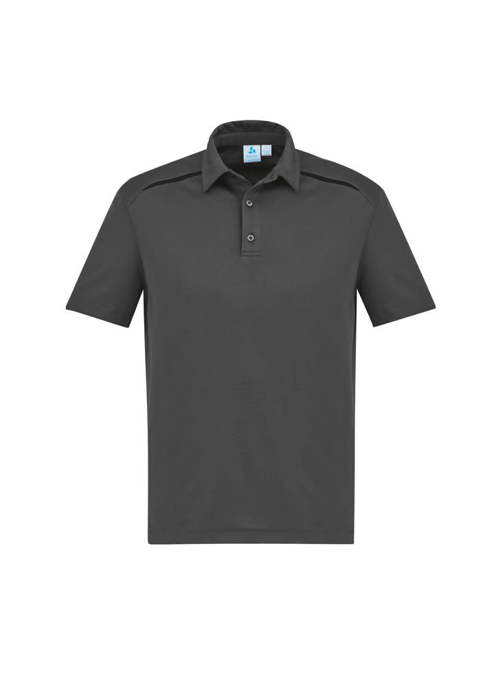 A short sleeve polo shirt in dark grey with a collar and button placket, featuring a logo.