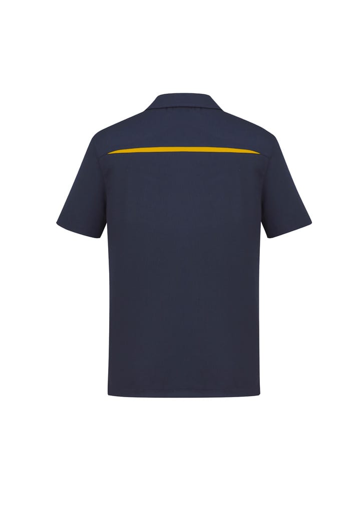 A navy blue short sleeve polo shirt featuring a yellow accent stripe on the back and a logo.