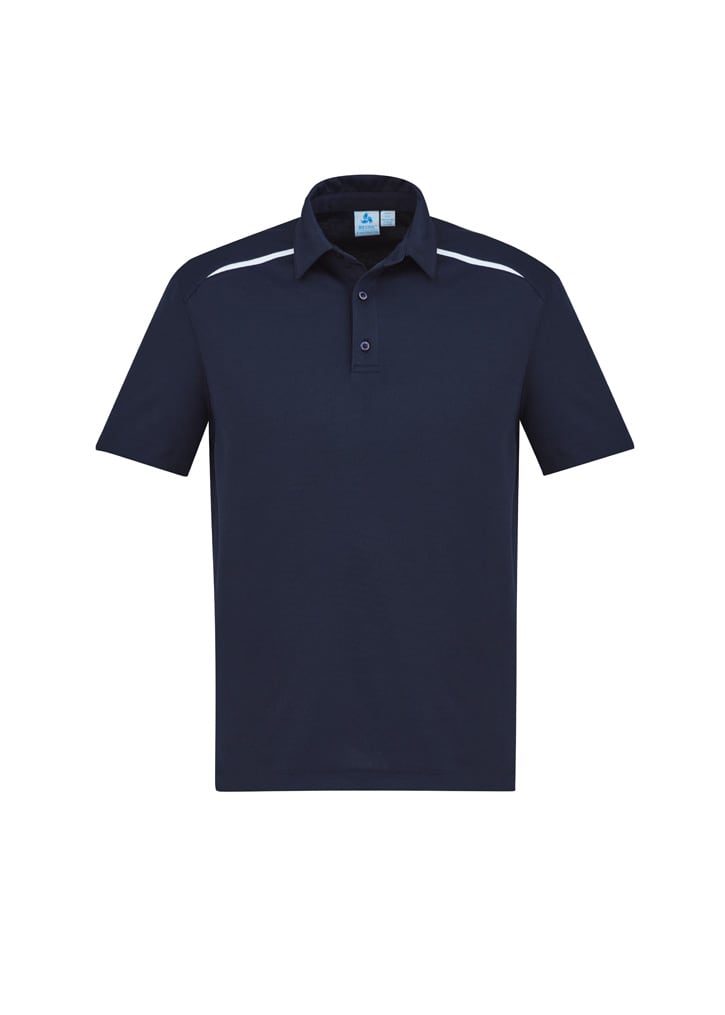 A navy blue men's short sleeve polo shirt featuring a subtle logo and white detailing on the shoulders.