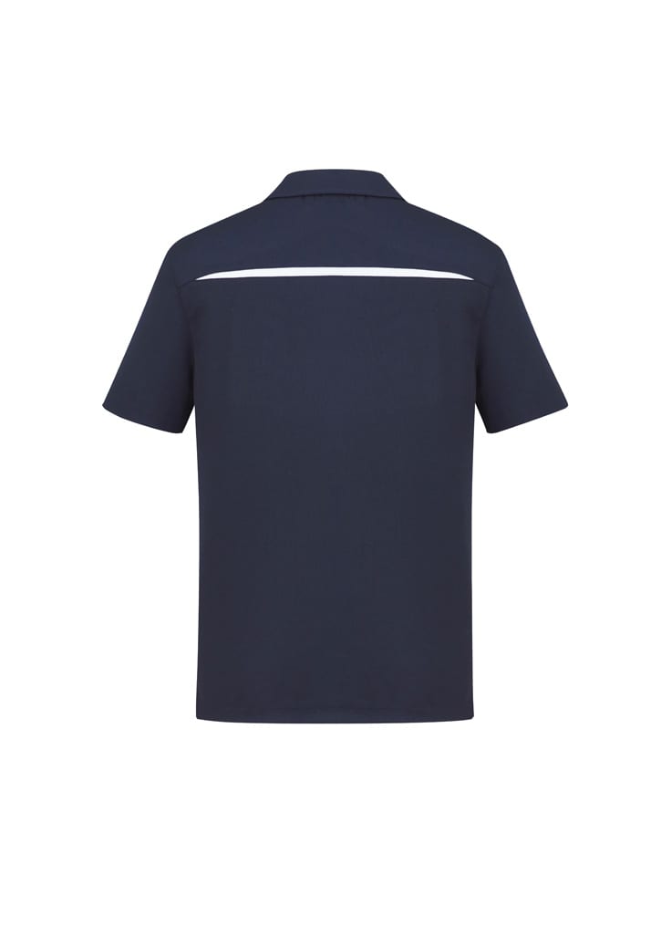 A navy short sleeve polo shirt featuring a white stripe and a logo on the back.