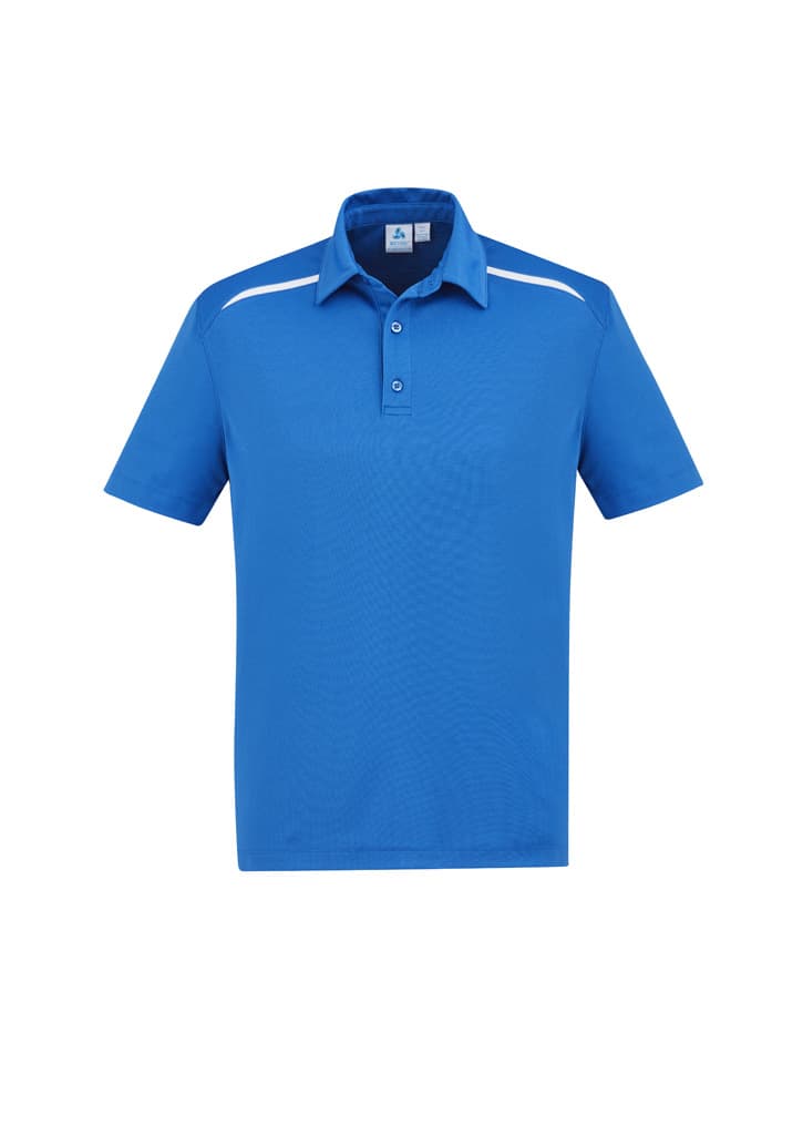 A blue short sleeve polo shirt with a collar, featuring a logo and white accents on the shoulders.