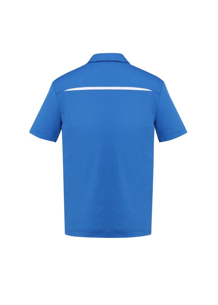 A blue short sleeve polo shirt featuring a collar and a logo on the back.