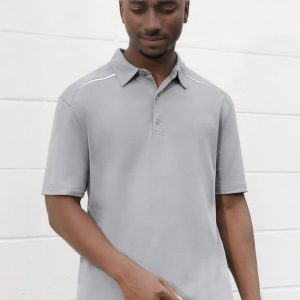 A grey short sleeve polo shirt for men with a subtle design and a logo.