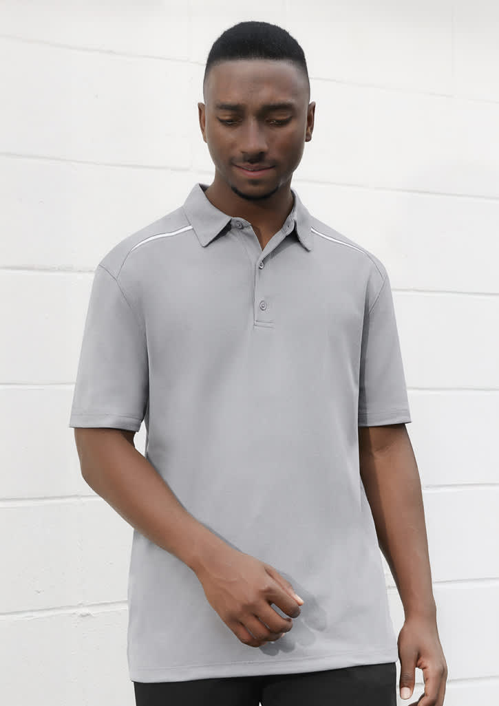 A grey short sleeve polo shirt for men with a subtle design and a logo.