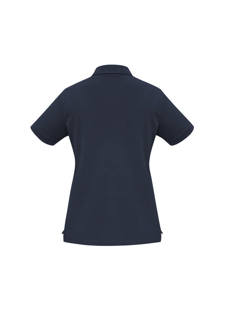 A navy short sleeve polo shirt featuring a collar and a brand logo on the fabric.