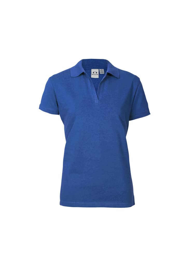 A blue women's short sleeve polo shirt with a collar and a brand logo.