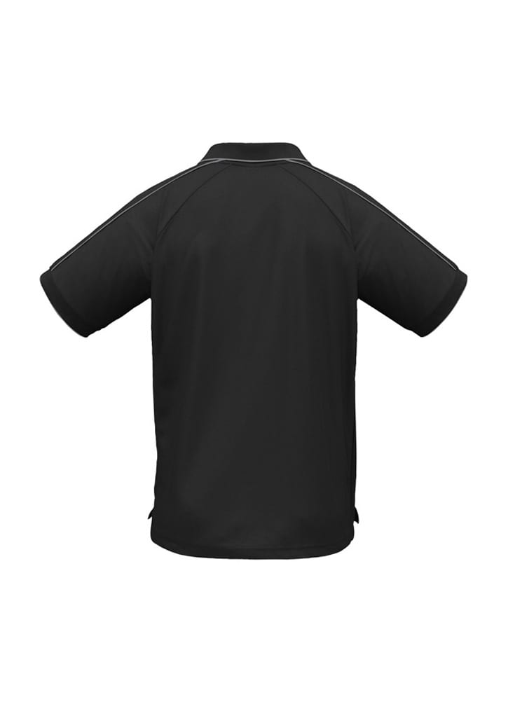 A black men's short sleeve polo shirt featuring a simple design and a logo on the back.