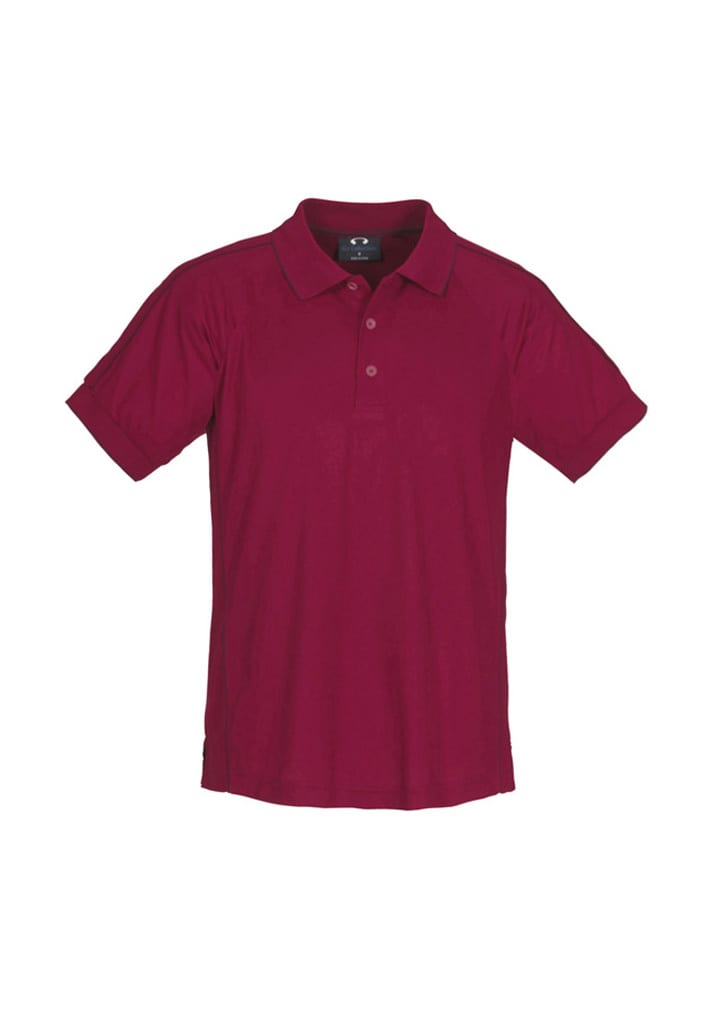 A maroon short sleeve polo shirt featuring a collar and a logo. Suitable for casual wear.