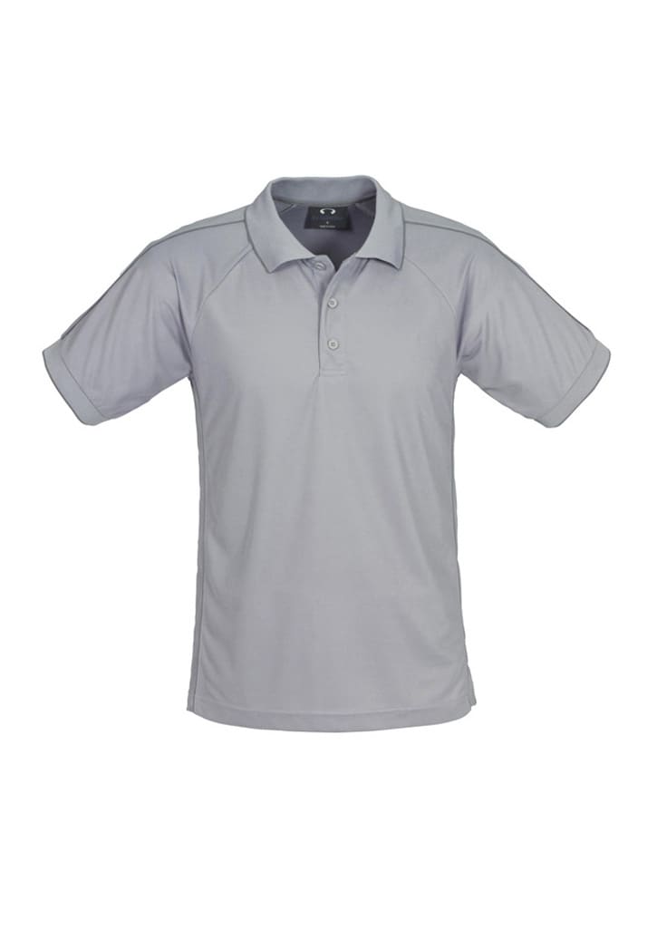 A grey men's short sleeve polo shirt with a collar and a logo on the upper left side.