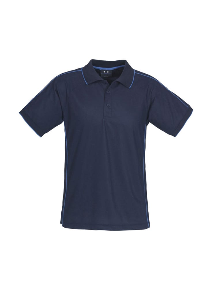 A navy blue short sleeve polo shirt with contrasting blue piping and a logo on the chest.