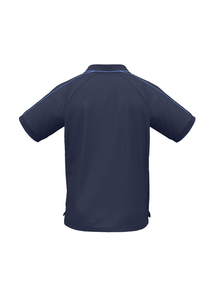 A navy blue men's short sleeve polo shirt featuring contrasting side stripes and a collar. It includes a logo on the front.