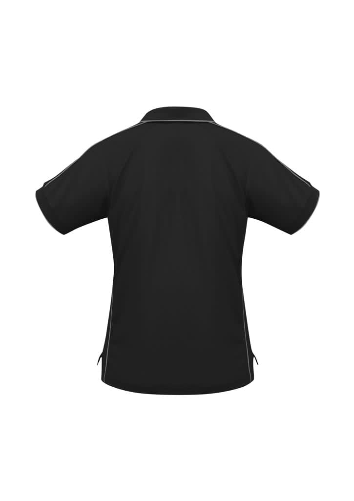 A black women's short sleeve polo shirt with contrasting details and a logo on the chest.