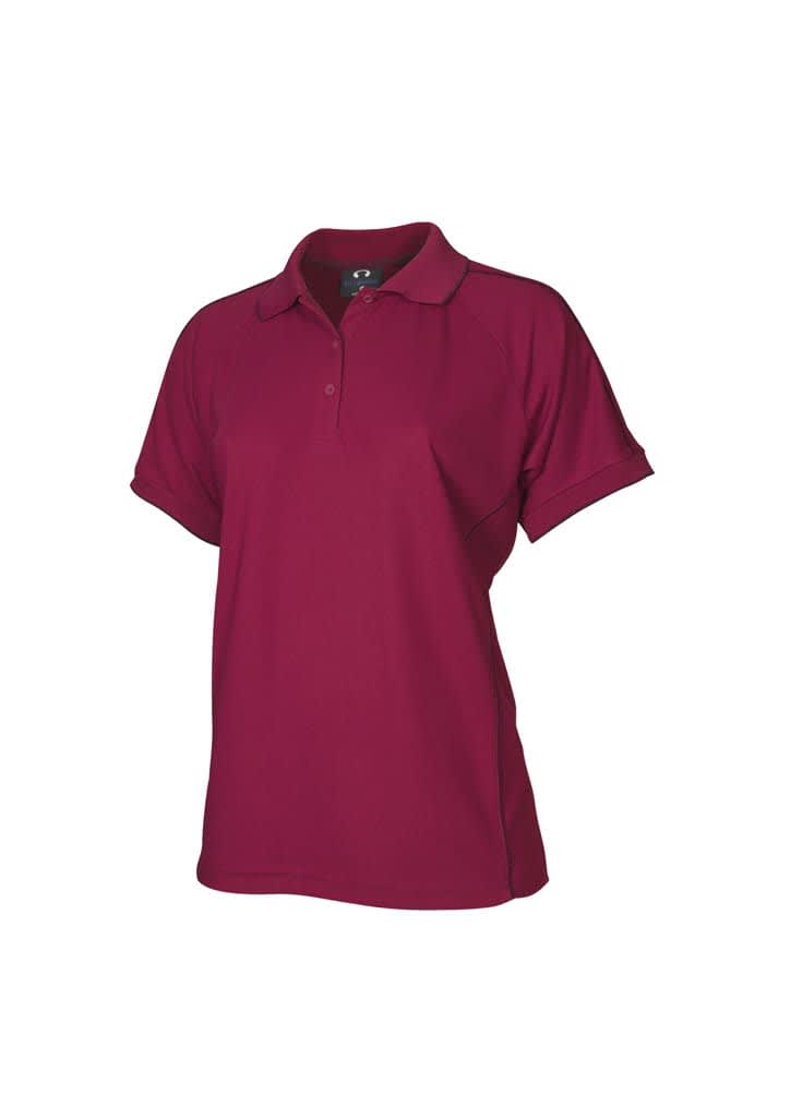 A women's short sleeve polo shirt in a rich burgundy colour, featuring a collar and a logo.