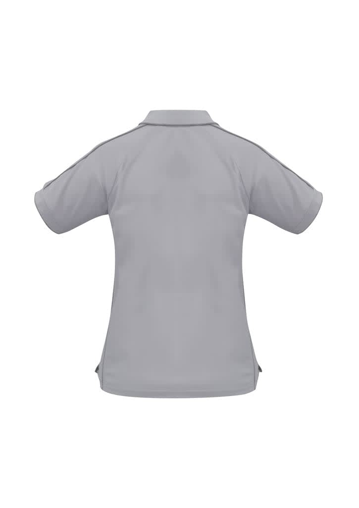 A grey short sleeve polo shirt with a collar and a branded logo on the back.