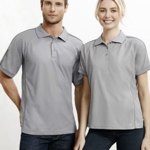 A grey short sleeve polo shirt for women featuring a logo, styled with a modern fit.