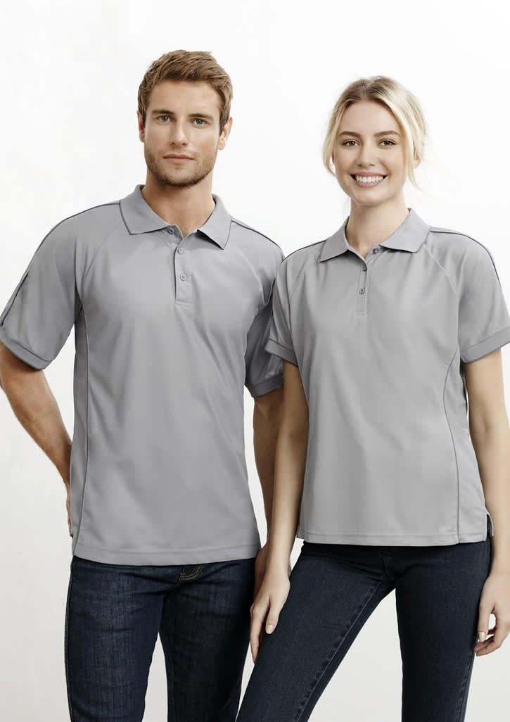 A grey short sleeve polo shirt, featuring a logo, displayed on a male and female model.