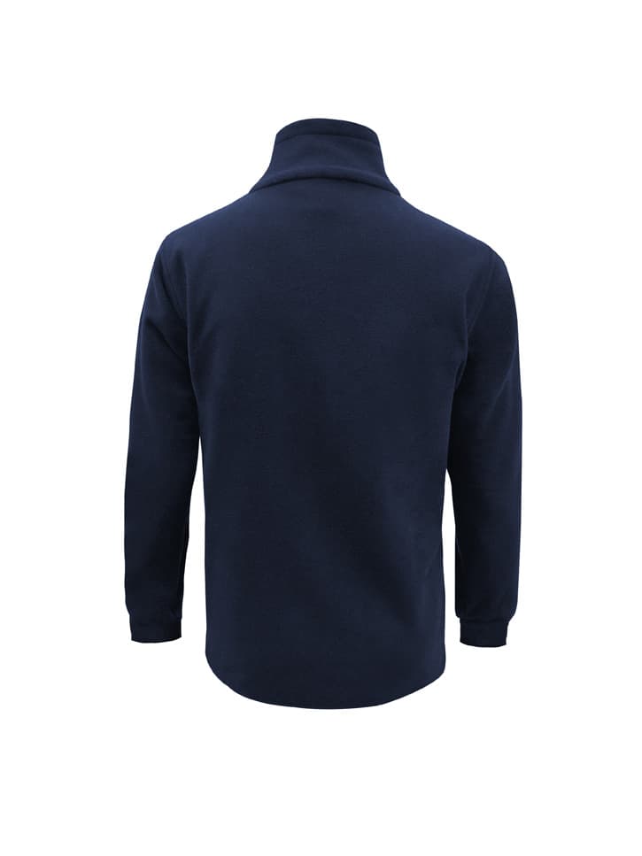 A navy blue men's heavy weight fleece jumper featuring a high collar and long sleeves, with a logo on the back.