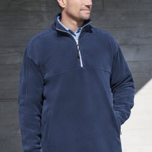 A men’s heavyweight fleece jumper in navy blue, featuring a zip-up collar and a relaxed fit.