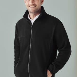 A black men's plain micro fleece jacket with a zip front, featuring a logo on the chest and side pockets.