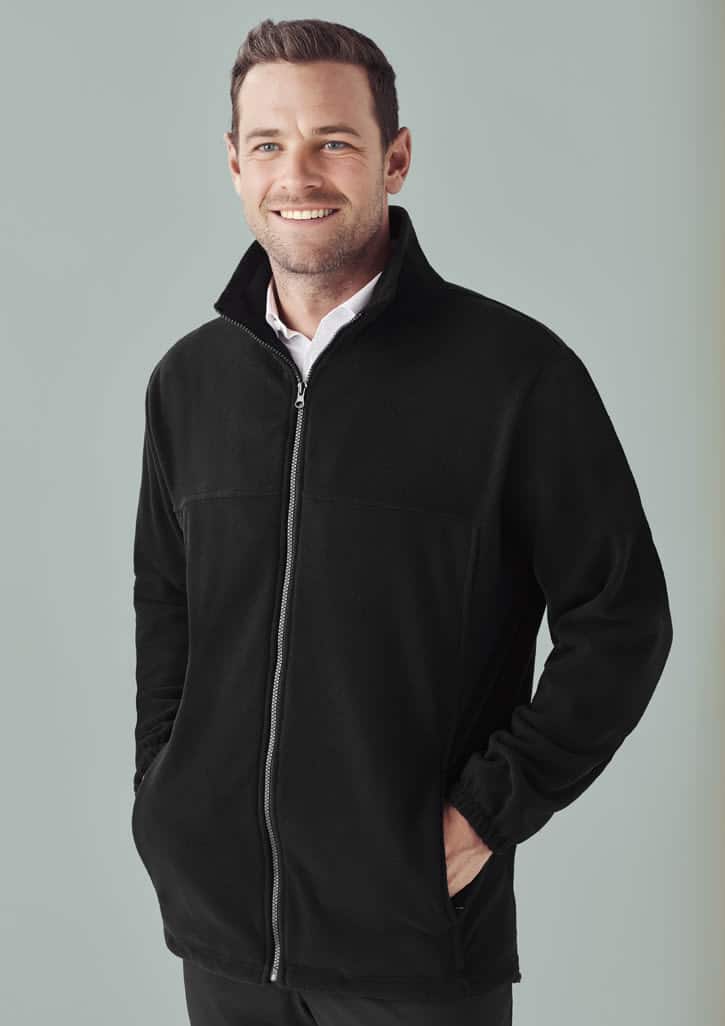 A black men's plain micro fleece jacket with a zip front, featuring a logo on the chest and side pockets.