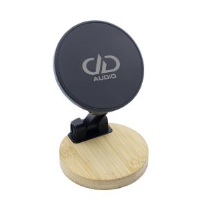 A magnetic phone holder with a round black top and a wooden base, featuring a logo.