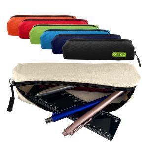 A canvas tube pencil case in various colours, featuring a zip closure with pens and a ruler inside. It has a logo.