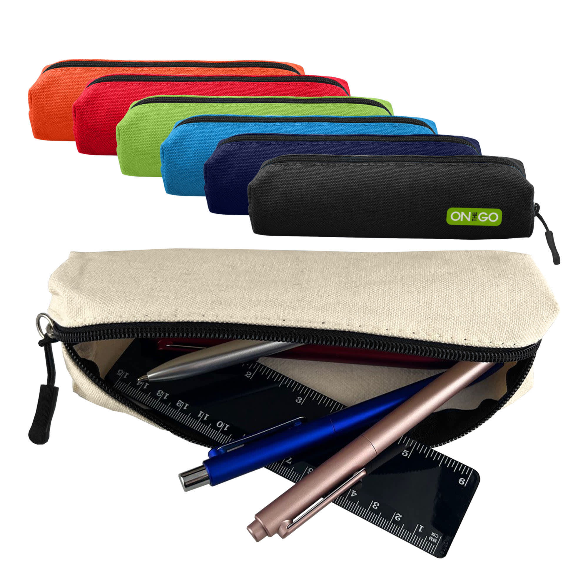 A canvas tube pencil case in various colours, featuring a zip closure with pens and a ruler inside. It has a logo.
